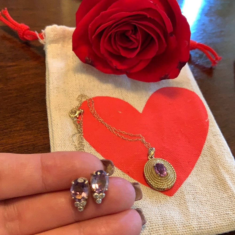 ♥️Amethyst & Diamond necklace and earrings, nice 🎁Valentines Day Gift♥️